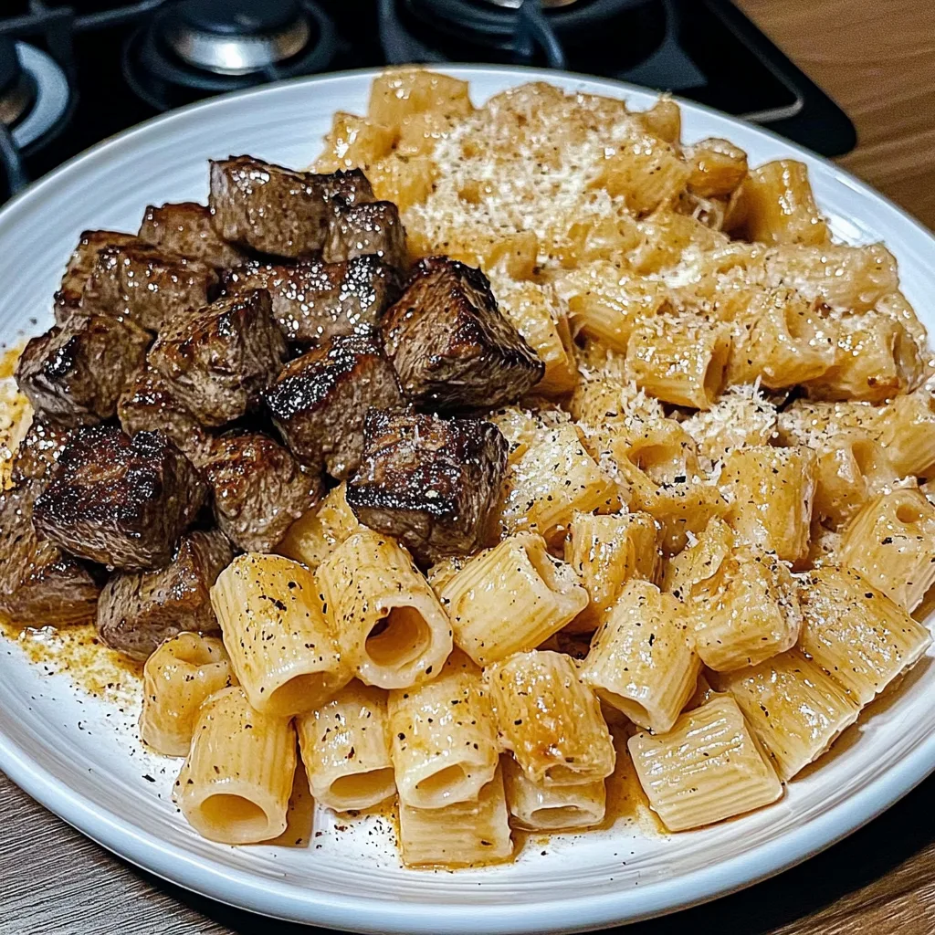 Recipe preparation for Cajun Steak Cheesy Rigatoni Parmesan