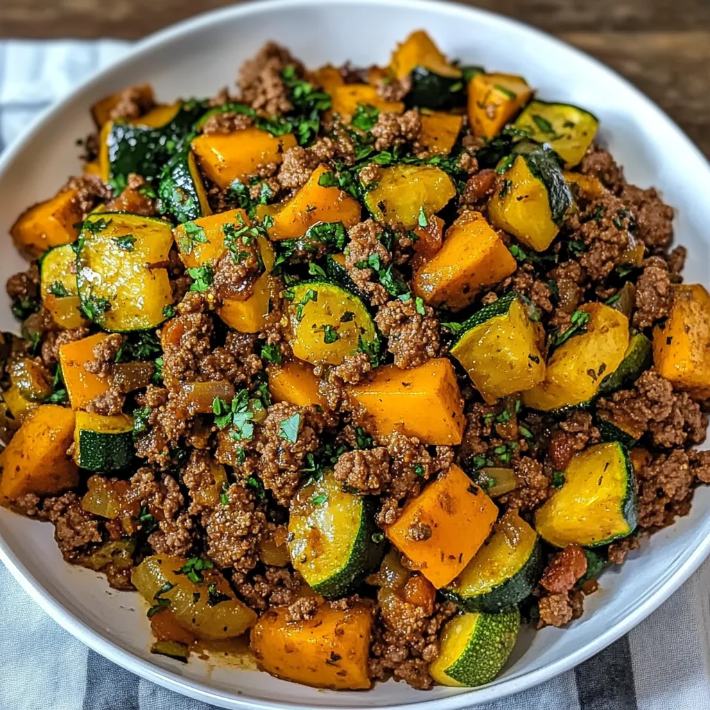 Recipe preparation for Ground Beef Zucchini Sweet Potato Skillet