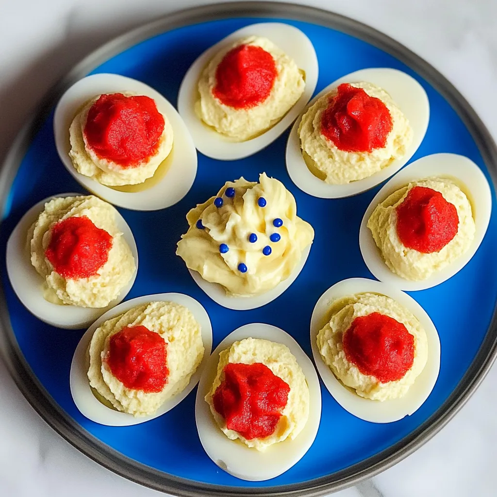 Recipe preparation for Unique and Easy Snack for July 4th: Red, White, and Blue Deviled Eggs
