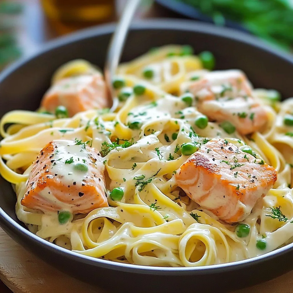 Recipe preparation for Salmon Fettuccine Creamy Alfredo