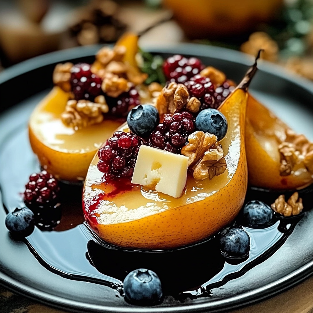 Recipe preparation for Baked Pears with Berries, Honey, Walnuts & Blue Cheese