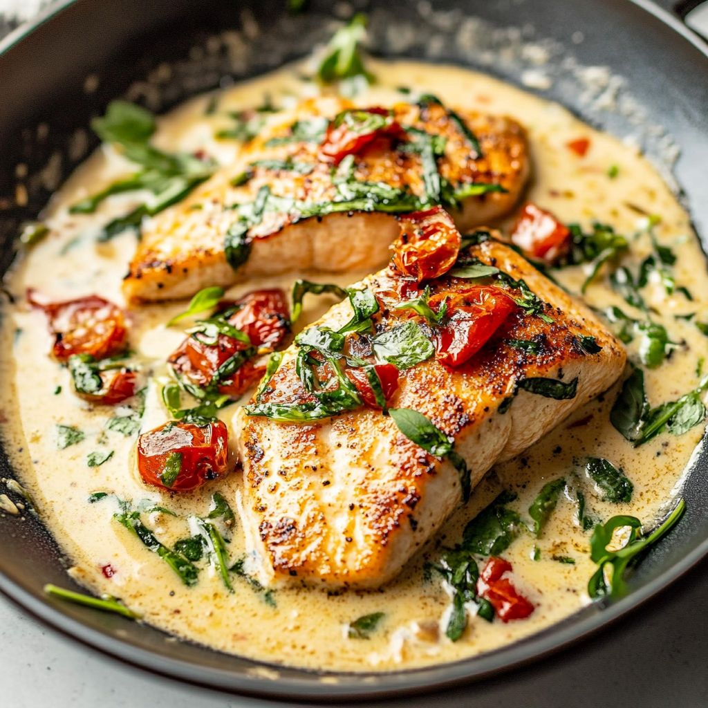 Recipe preparation for Creamy Tuscan Salmon