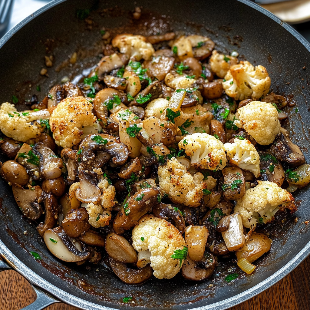 Recipe preparation for Garlic Cauliflower Mushroom Skillet