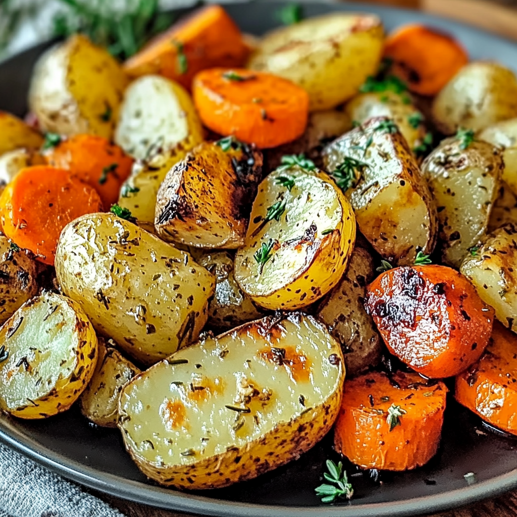 Recipe preparation for Garlic Herb Roasted Potatoes, Carrots, and Zucchini
