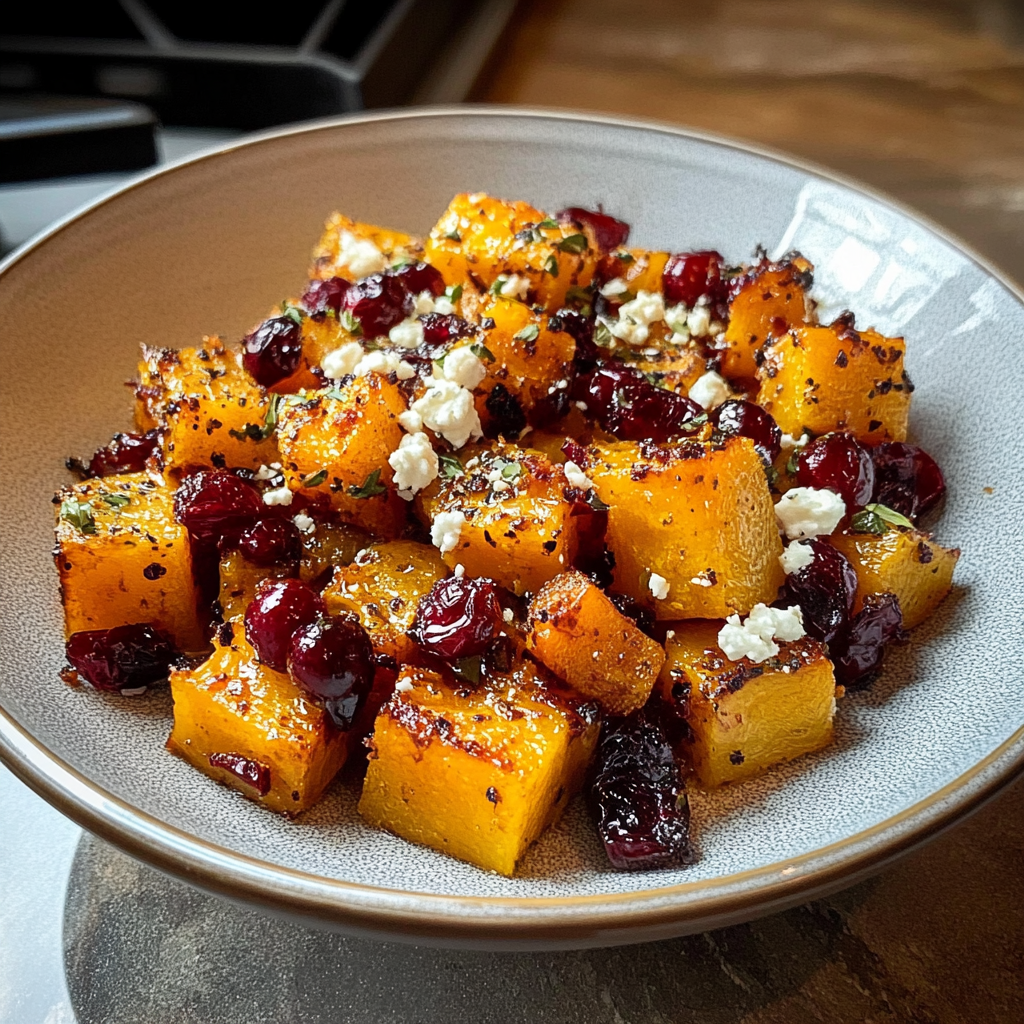 Recipe preparation for Roasted Butternut Squash with Cranberries and Feta Bliss