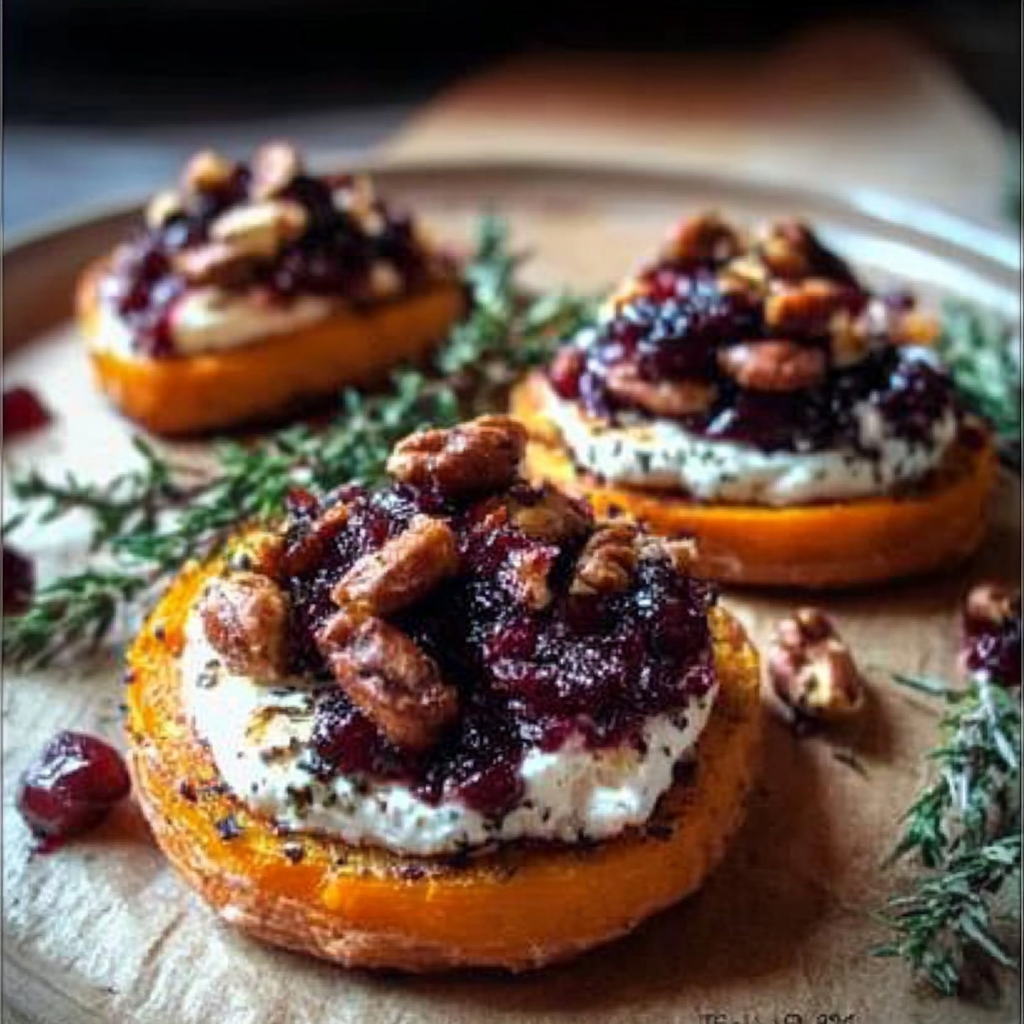 Recipe preparation for Sweet Potato Rounds with Brie, Cranberry & Pecans