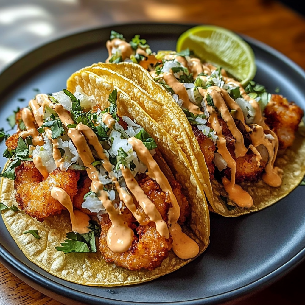 Recipe preparation for Bang Bang Shrimp Tacos Crispy