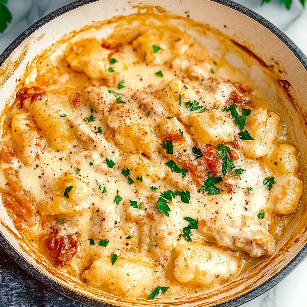Recipe preparation for Creamy Sun-Dried Tomato Chicken Gnocchi Skillet