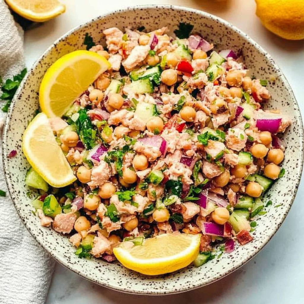 Recipe preparation for Lemon Tahini Chickpea Tuna Salad