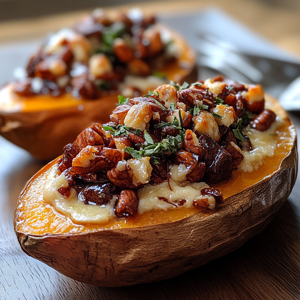 Recipe preparation for Maple Pecan Brie Sweet Potatoes