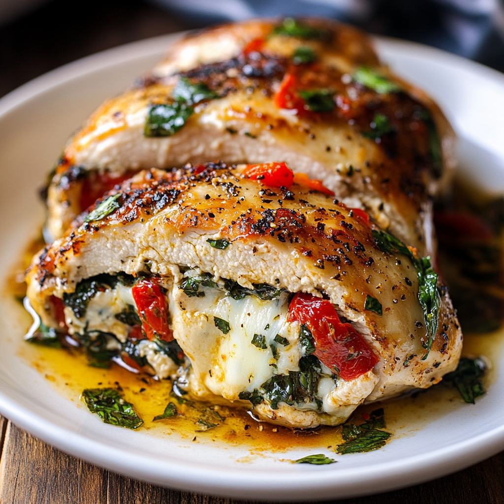 Recipe preparation for Roasted Red Pepper Spinach Mozzarella Stuffed Chicken