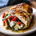 Roasted Red Pepper Spinach Mozzarella Stuffed Chicken recipe - delicious and easy to make